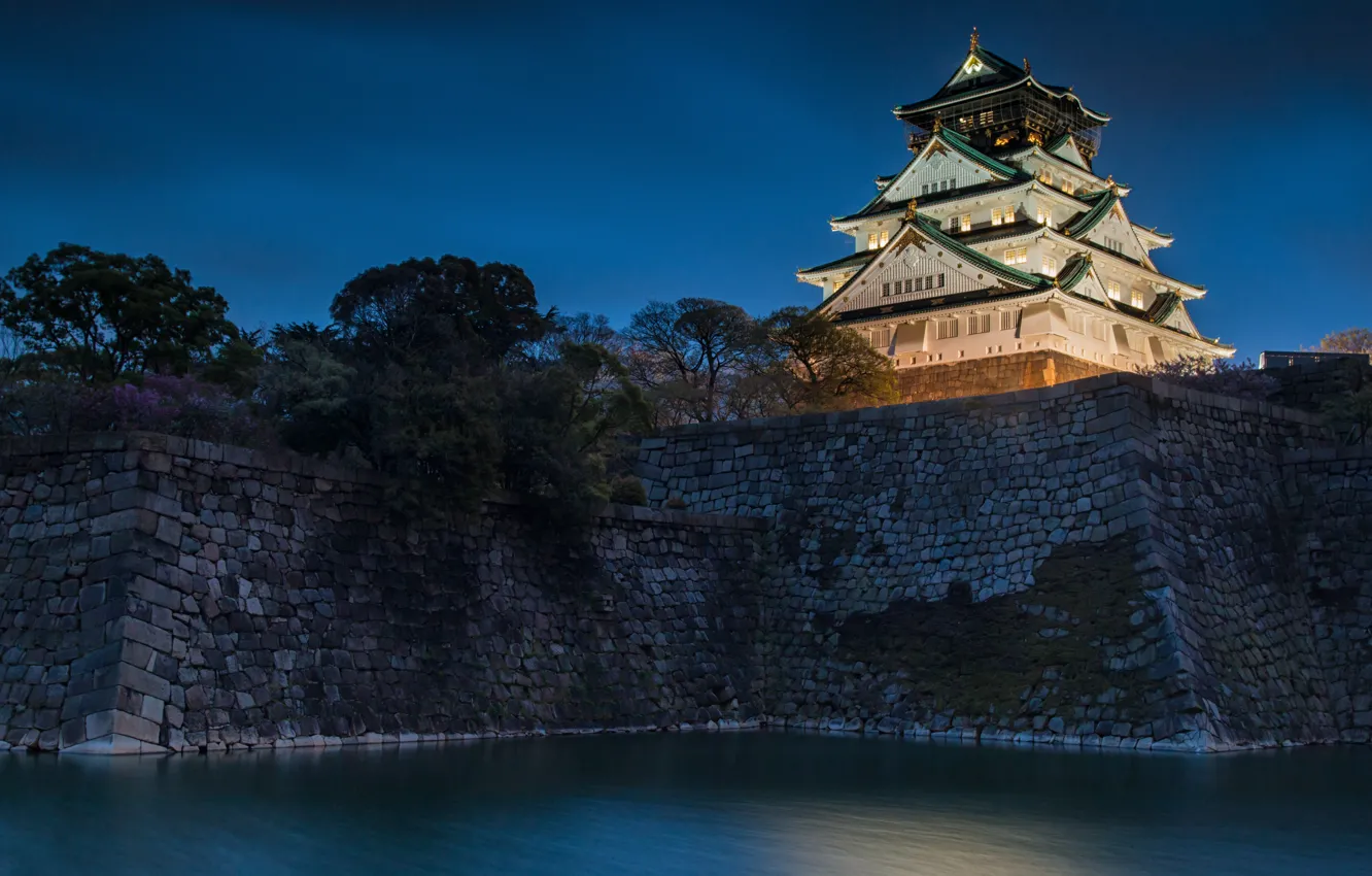 Фото обои вода, ночь, замок, Япония, Japan, Osaka, Осака, ров