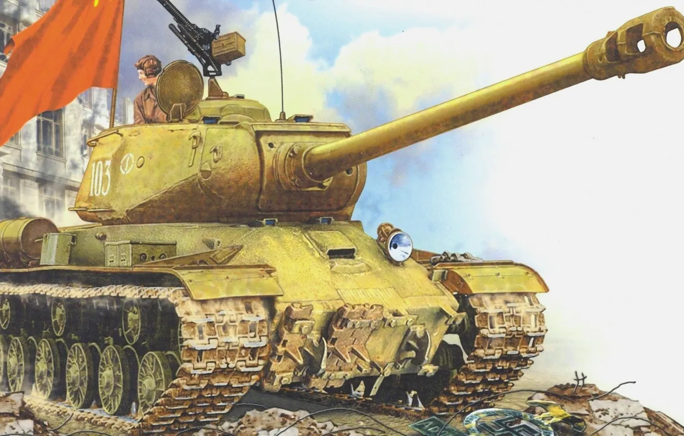 Фото обои рисунок, флаг, свастика, ИС-2, вторая мировая война, танкист, тяжелый танк, ИС-122