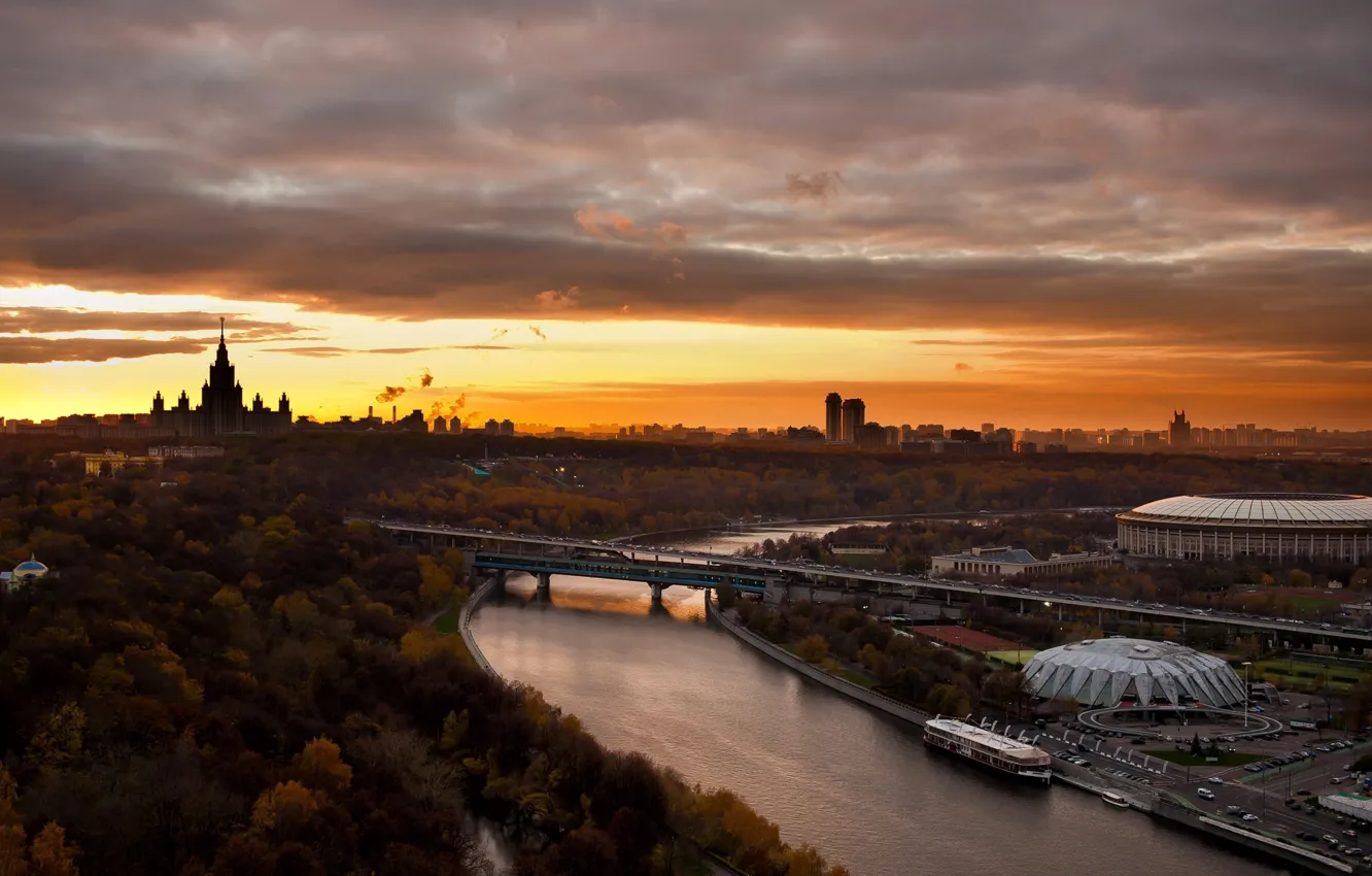 Фото обои мост, река, Москва, Россия, МГУ, Лужники, прекрасный город