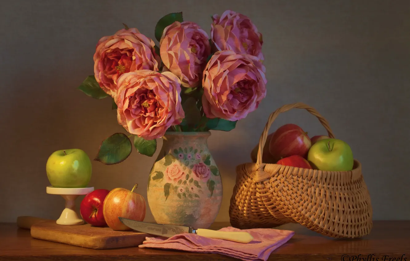 Фото обои цветы, яблоки, розы, букет, нож, натюрморт, корзинка