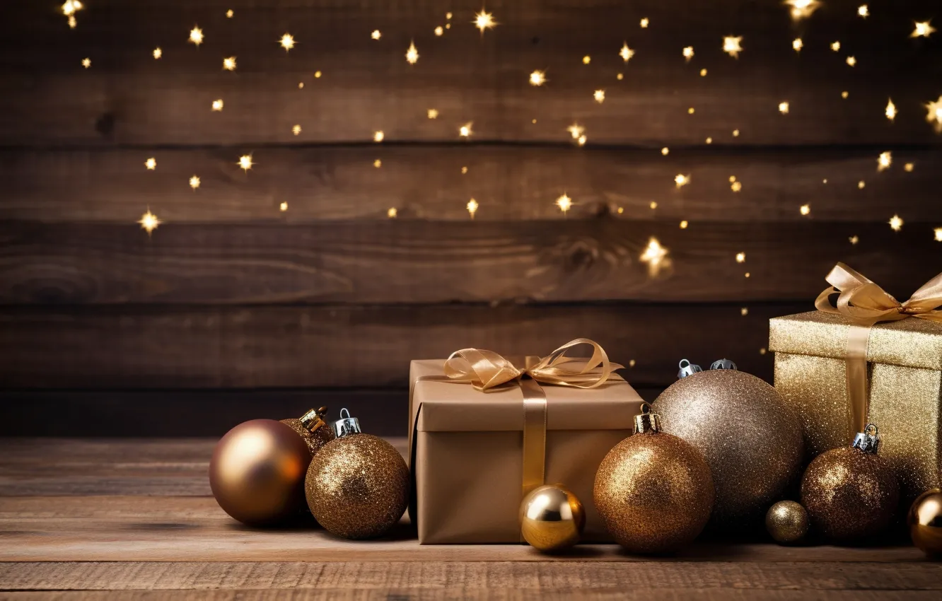 Фото обои украшения, шары, Новый Год, Рождество, подарки, golden, new year, happy