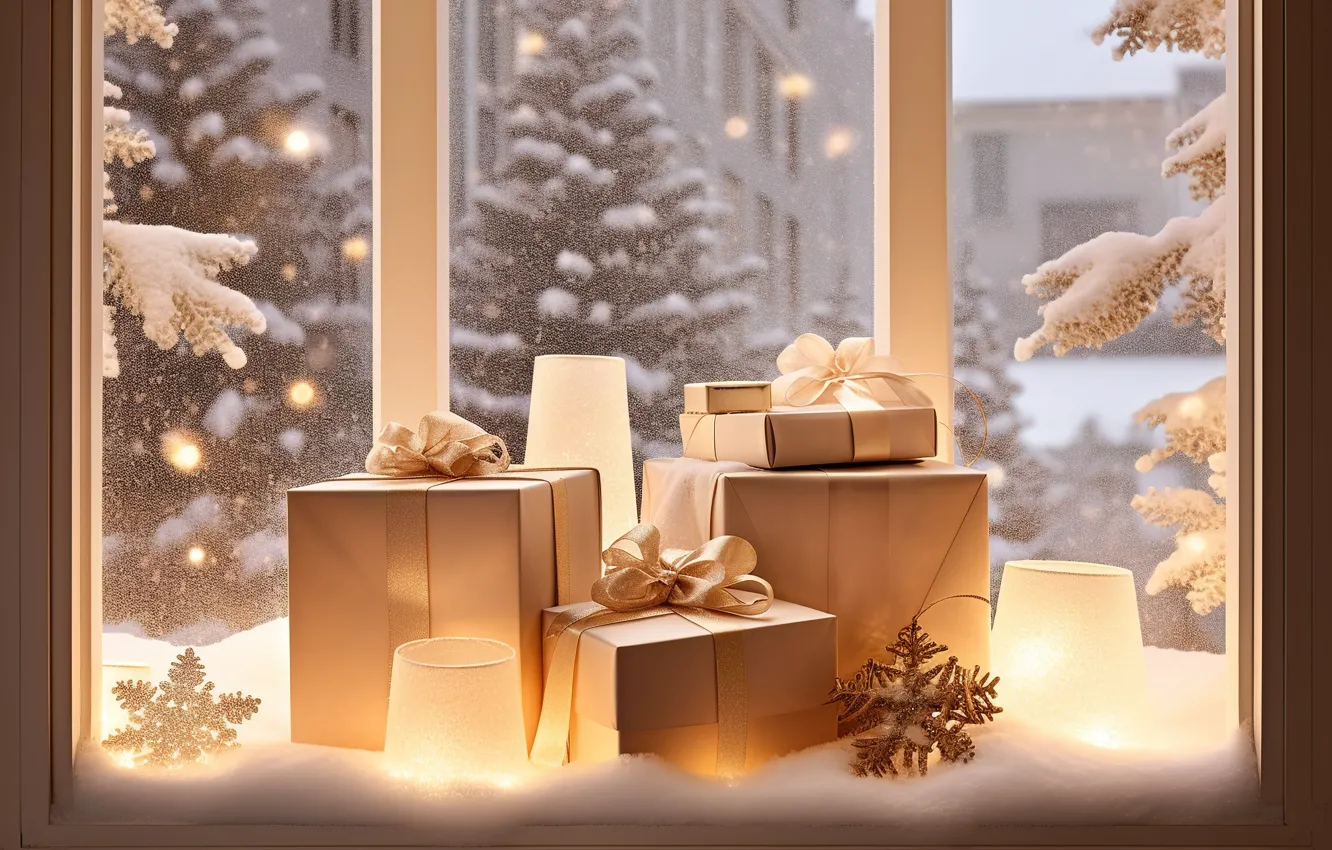 Фото обои зима, снег, украшения, Новый Год, окно, Рождество, подарки, new year