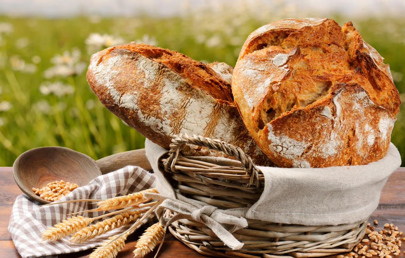 Фото обои корзина, хлеб, колосья, злаки, салфетка