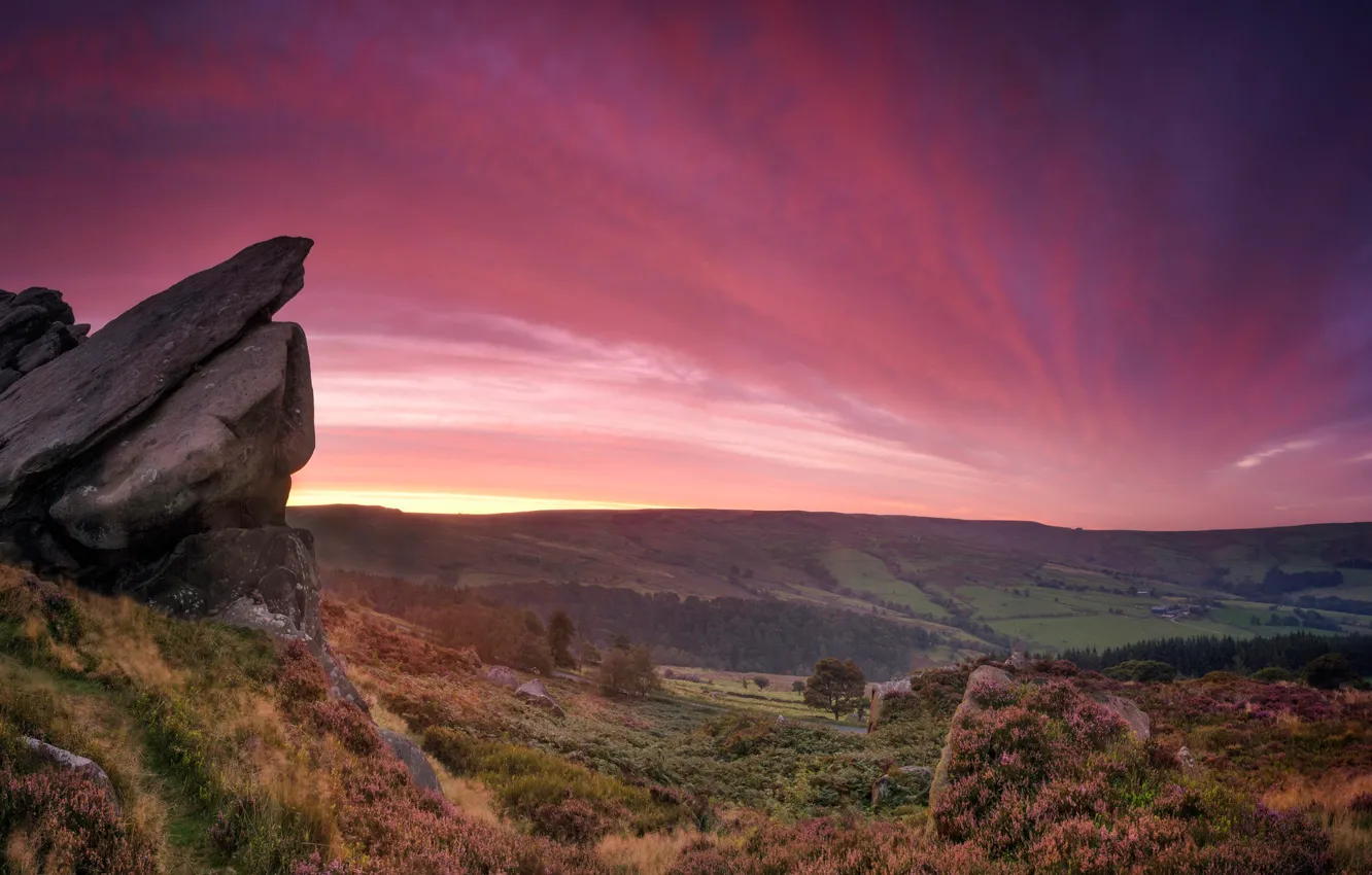 Фото обои камни, скалы, Англия, долина, зарево, Дербишир