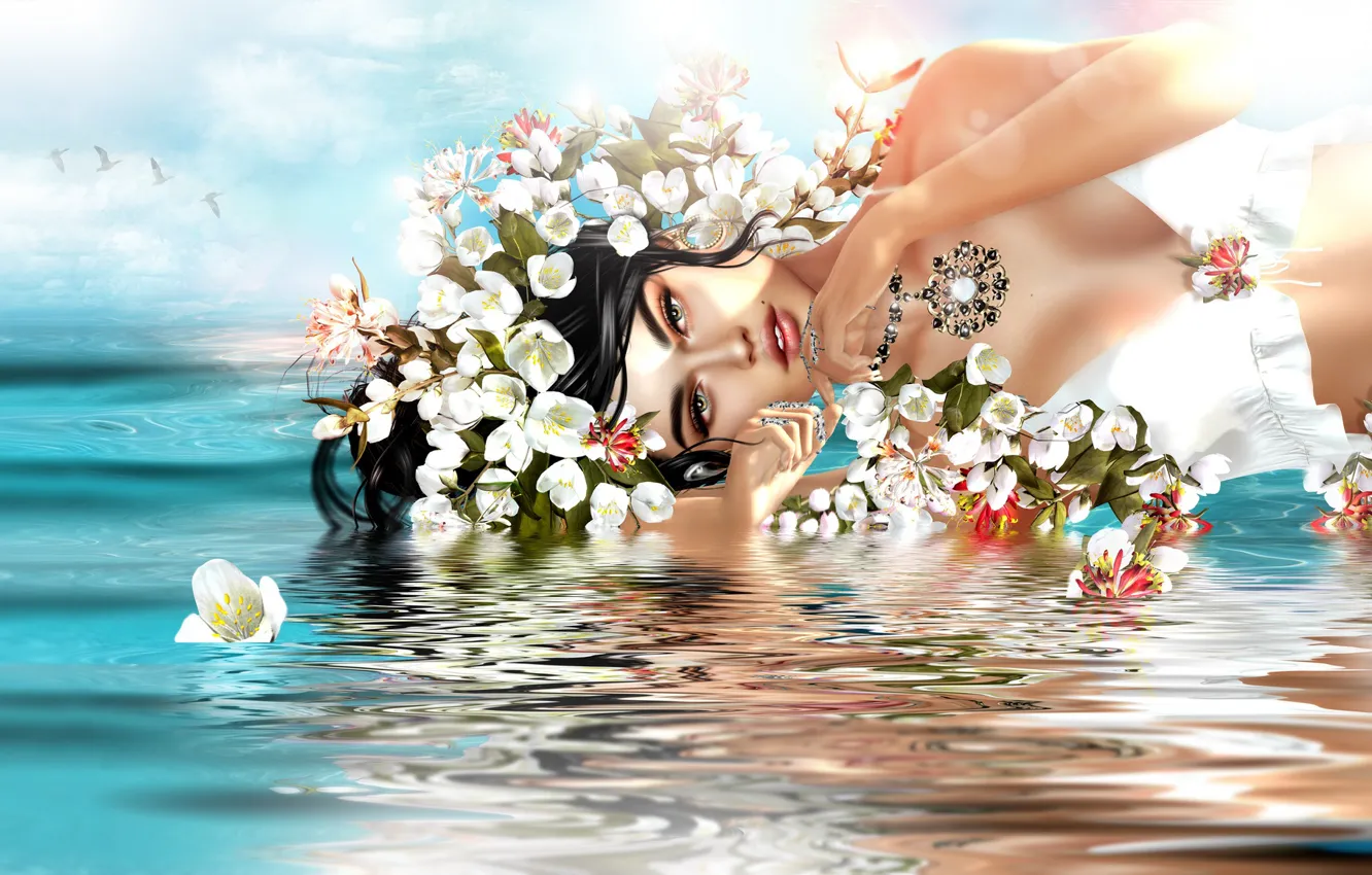 Фото обои вода, девушка, цветы