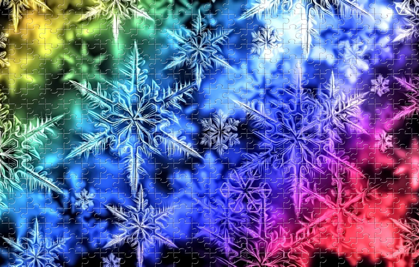 Фото обои свет, снежинки, блики, темный фон, рендеринг, вектор, Новый Год, радужная картинка