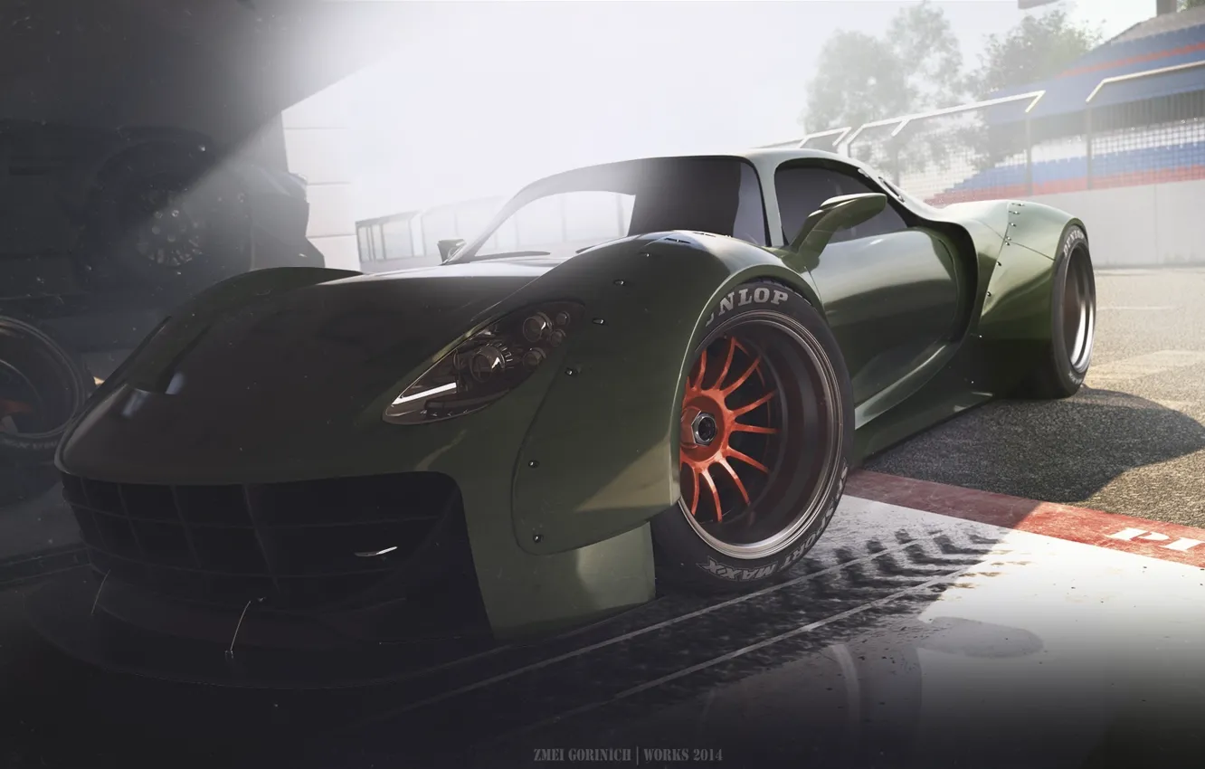 Фото обои Concept, Porsche, Car, Race, Front, 918, Wheels, Garage