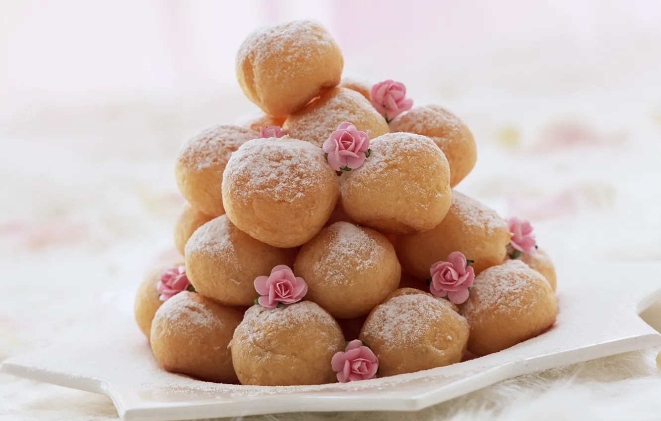 Фото обои сладости, пончики, крем, десерт, вкусно, розочки, 1920х1200, сахарная пудра