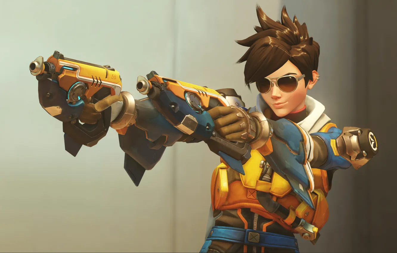Фото обои девушка, рендеринг, пистолеты, очки, skin, Overwatch, tracer, slipstream