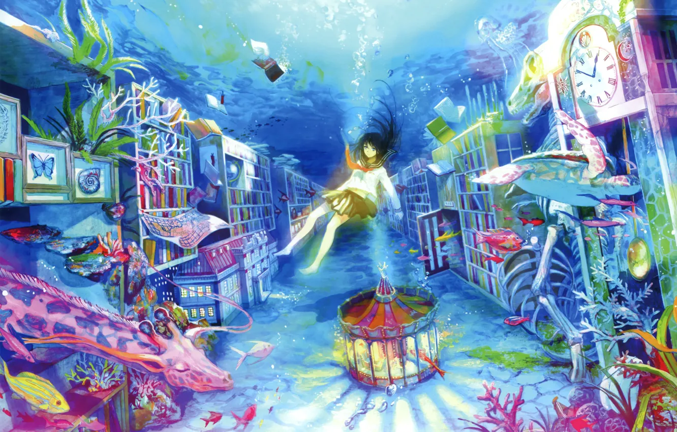 Фото обои вода, рыбки, пузыри, книги, сон, кораллы, жираф, девочка