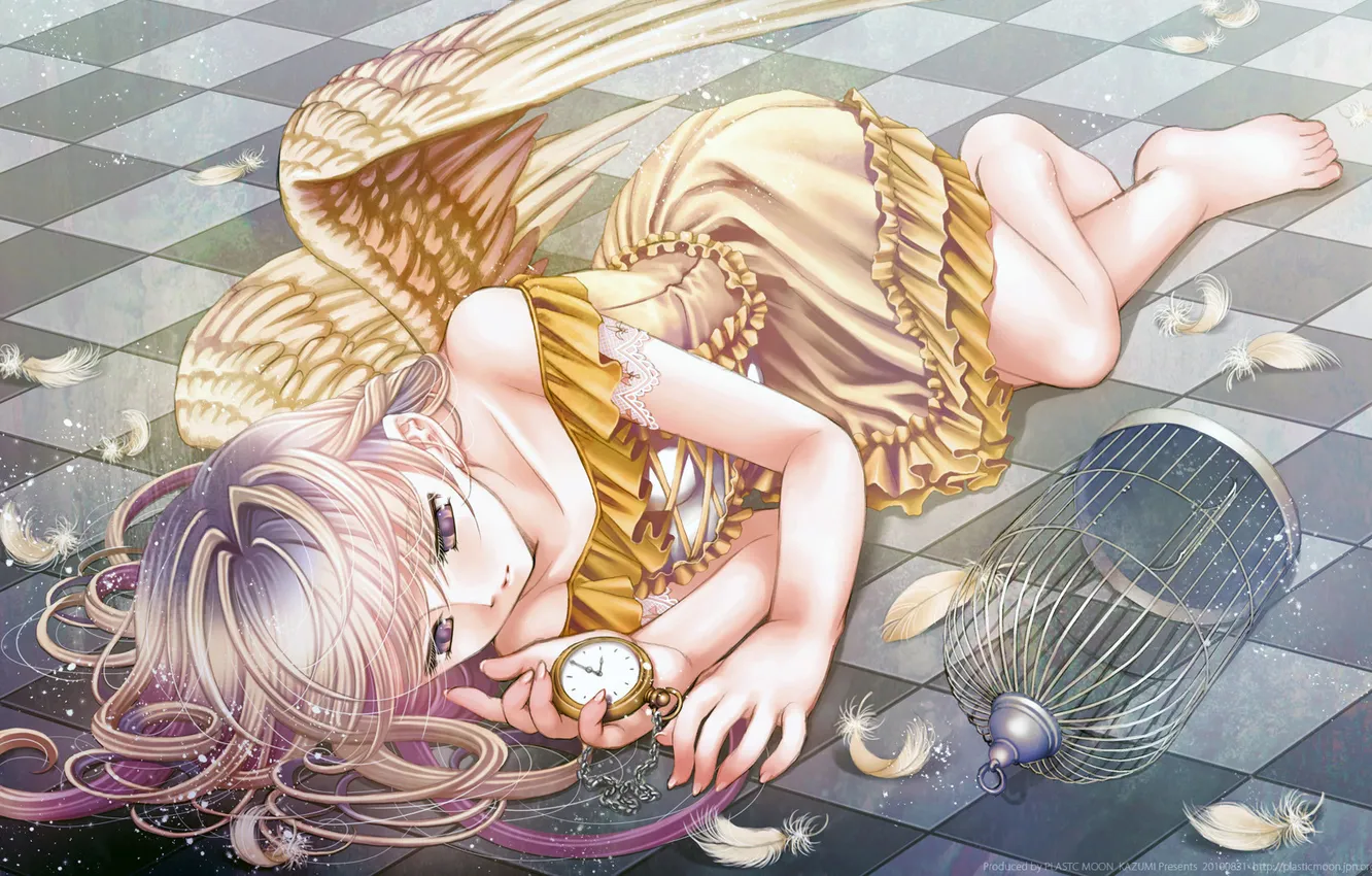 Фото обои девушка, часы, ангел, клетка, перья