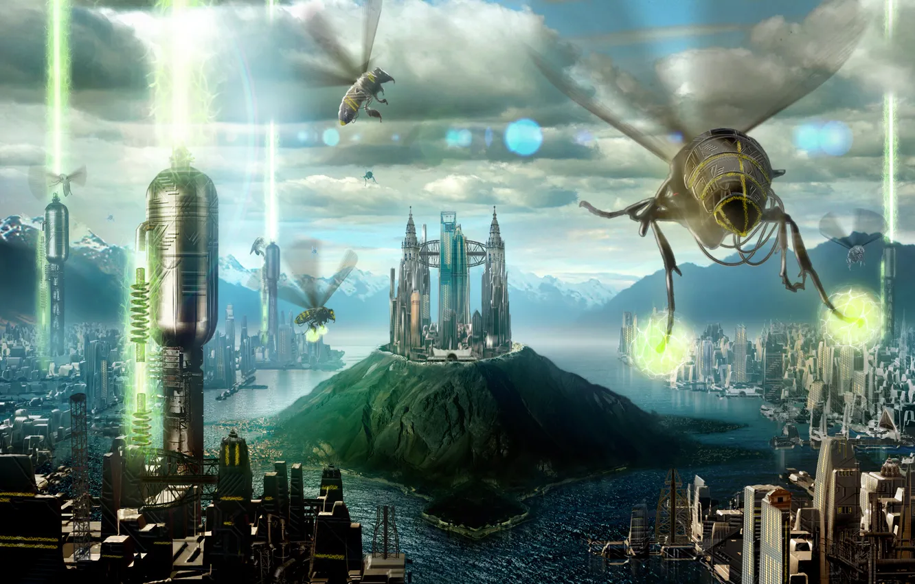Фото обои облака, город, будущее, река, остров, здания, пчелы, сооружения