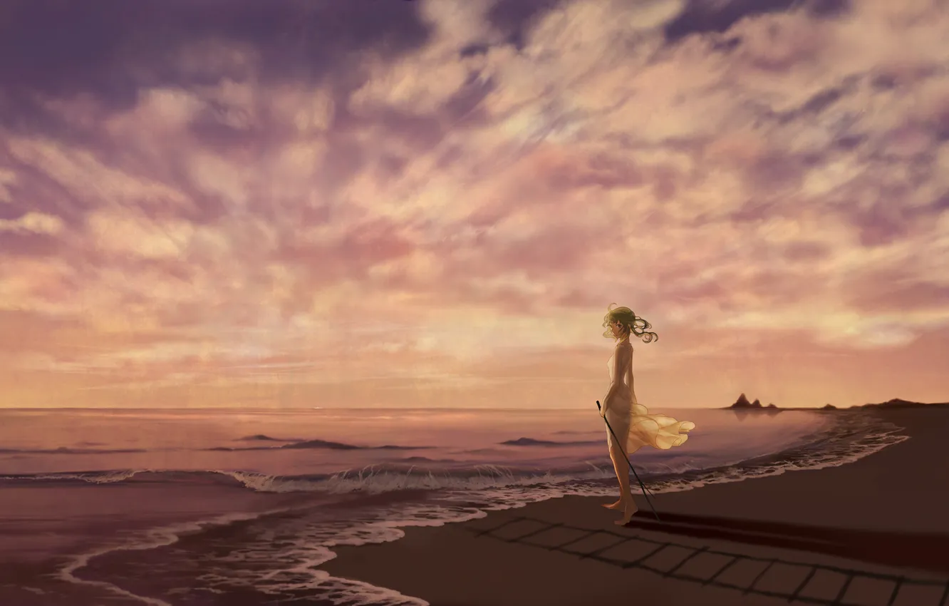 Фото обои песок, море, девушка, облака, пейзаж, рисунок, лестница, vocaloid