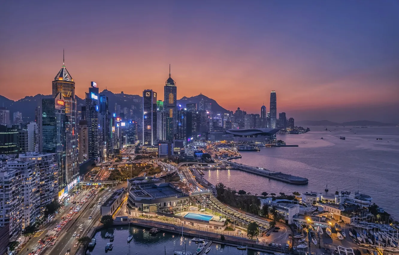 Фото обои закат, здания, дома, Гонконг, залив, ночной город, небоскрёбы, Hong Kong