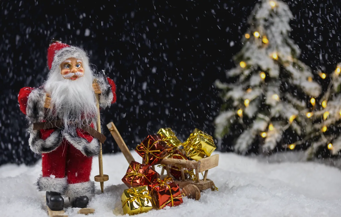 Фото обои зима, снег, праздник, игрушка, кукла, Рождество, подарки, Новый год