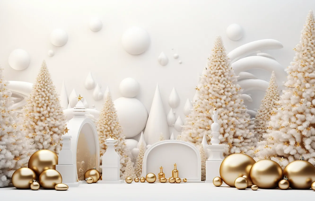 Фото обои шары, елка, Новый Год, Рождество, подарки, golden, white, new year