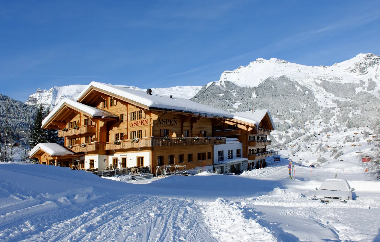 Фото обои зима, лес, снег, горы, дом, Швейцария, отель, курорт