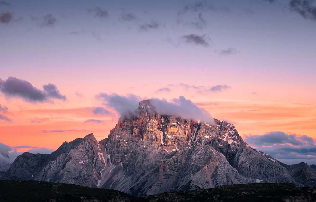 Фото обои небо, облака, закат, горы, скалы, Italy, Dolomites