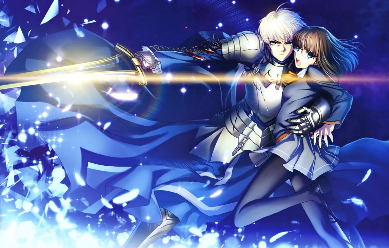 Фото обои девушка, меч, парень, рыцарь, сейбер, Судьба ночь схватки, Fate / Stay Night