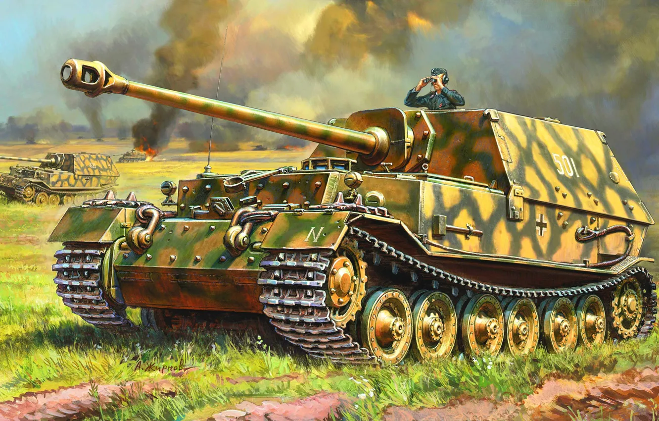 Фото обои Германия, живопись, самоходно-артиллерийская установка, Фердинанд, Вторая Мировая война, класса истребителей танков, немецкая тяжёлая
