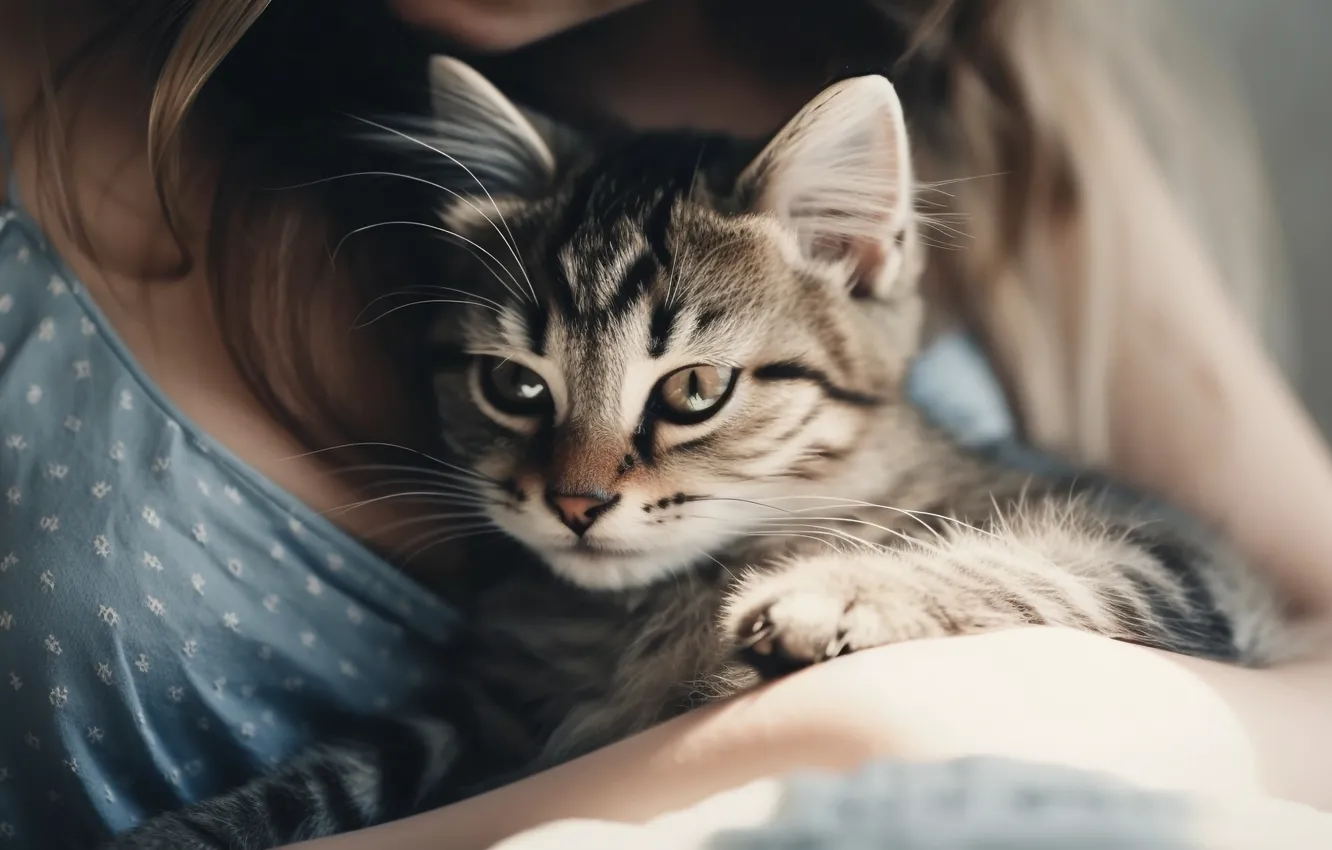 Фото обои кошка, грудь, кот, взгляд, девушка, свет, котенок, волосы