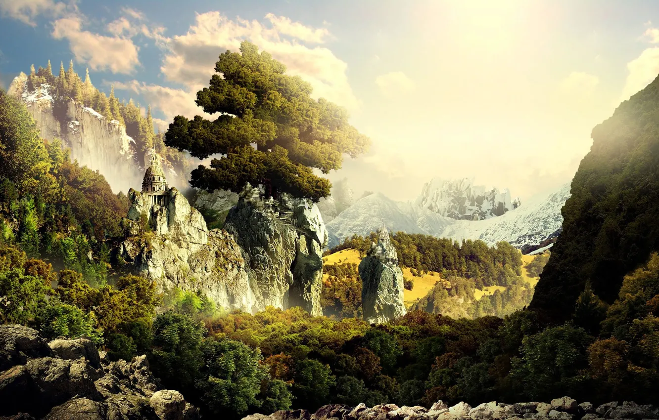 Фото обои лес, горы, храм