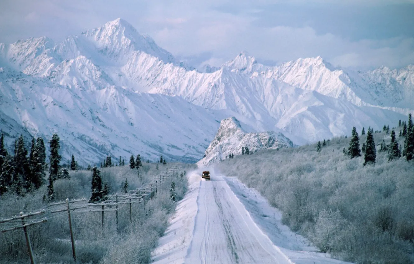 Фото обои Природа, Дорога, Горы, Снег, Аляска