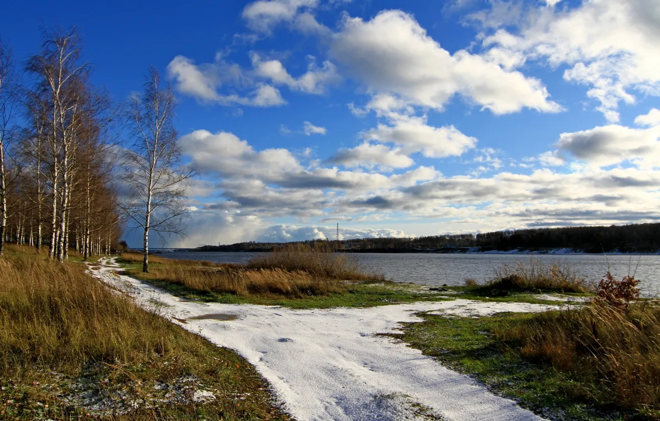 Фото обои небо, трава, облака, снег, река, весна, березы, Волга