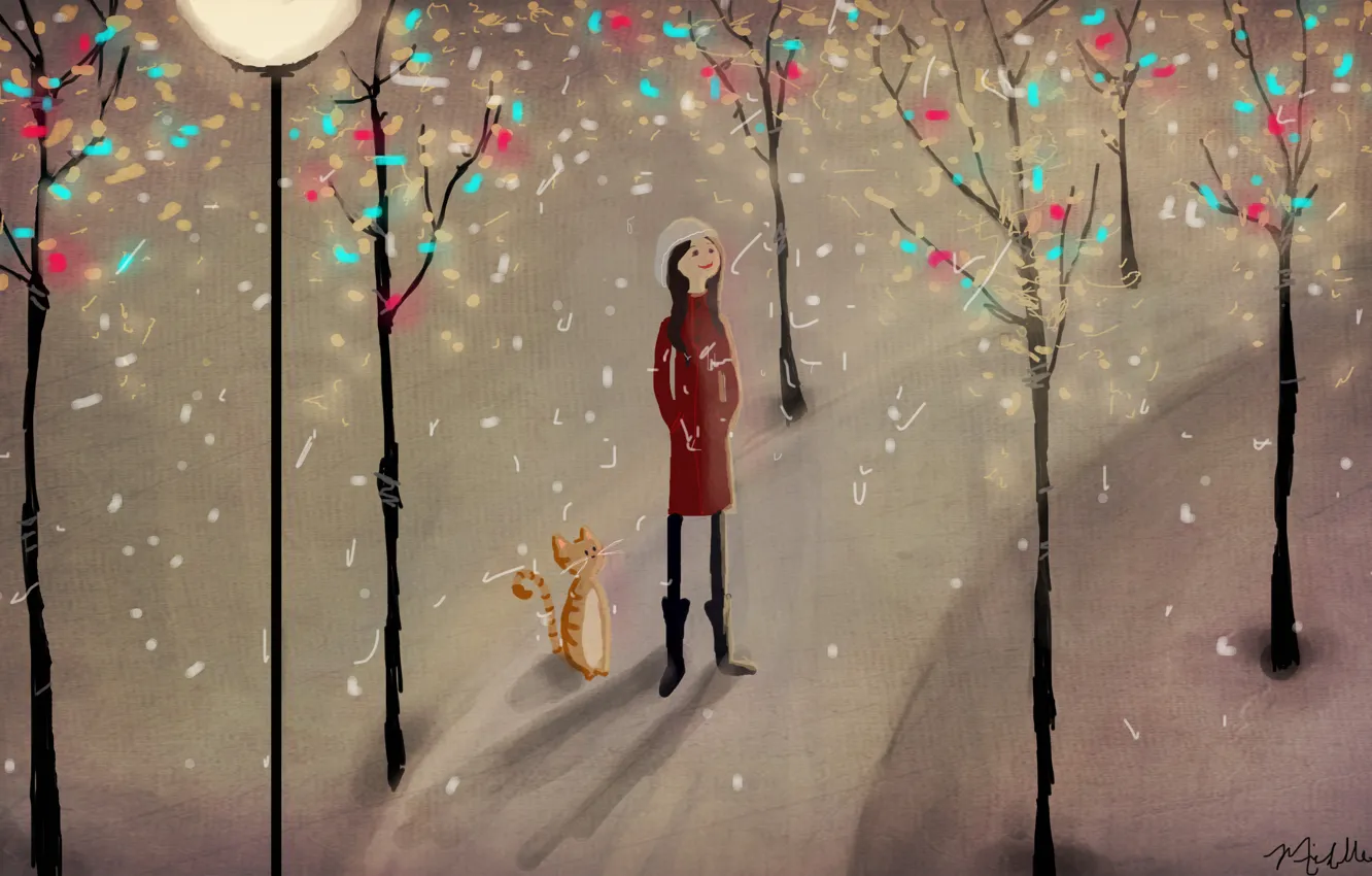 Фото обои зима, кот, снег, деревья, парк, рисунок, девочка, фонарь
