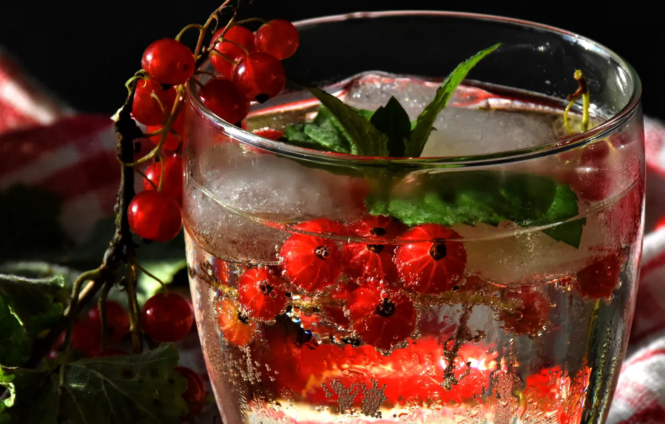 Фото обои стекло, пузырьки, стакан, ягоды, темный фон, веточка, бокал, лёд