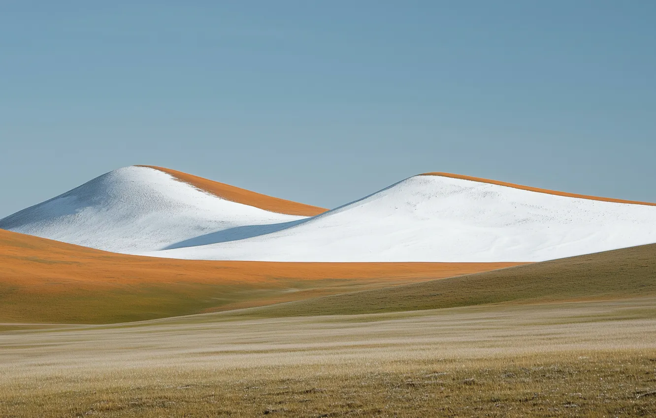 Фото обои landscape, yellow, hills, snowy, sit