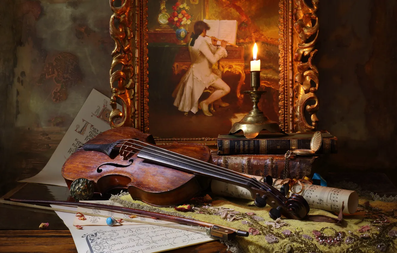 Фото обои Натюрморт, со скрипкой и живописи, Still life with violin and painting