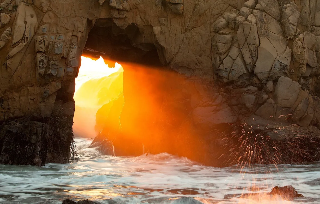 Фото обои waves, light, USA, rock, sunshine, sea, landscape, nature