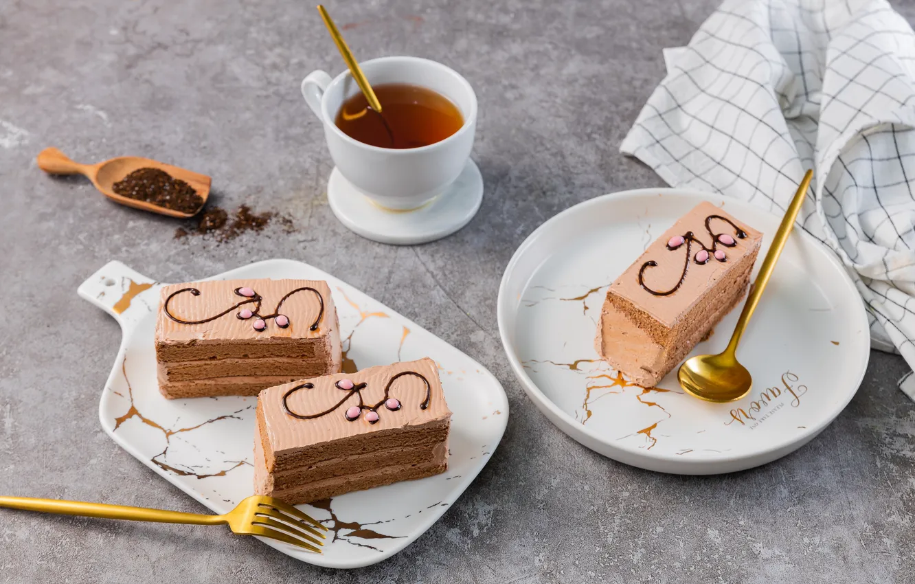 Фото обои чай, чашка, торт, глазурь