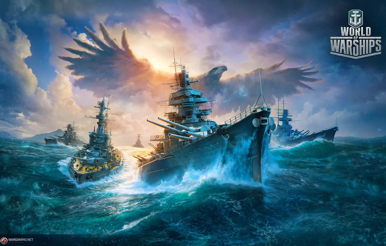 Фото обои война, корабли, Птица, орёл, боевые, Линкор, World of Warships, Мир Кораблей