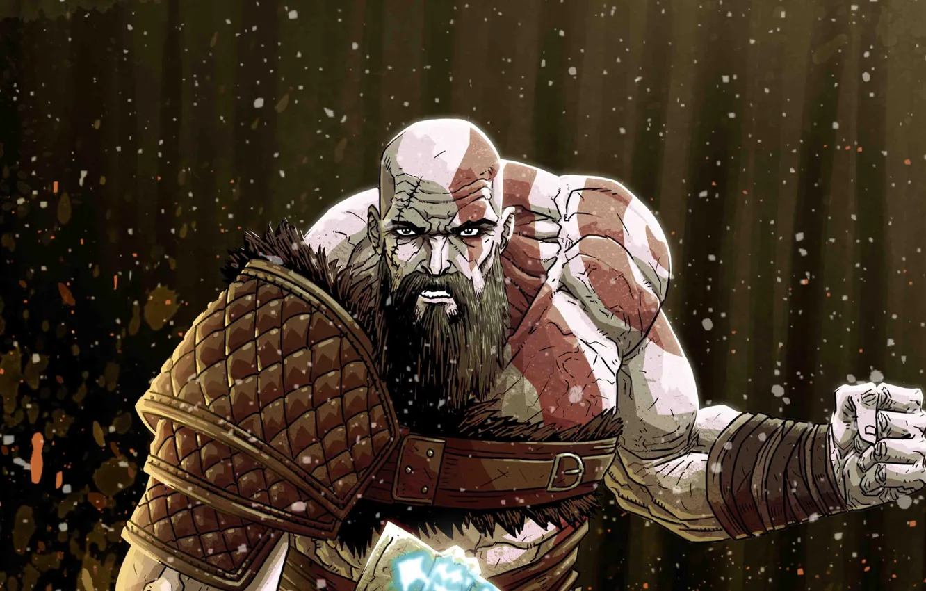 Фото обои axe, god of war, kratos, man, hero, artwork, viking, armour