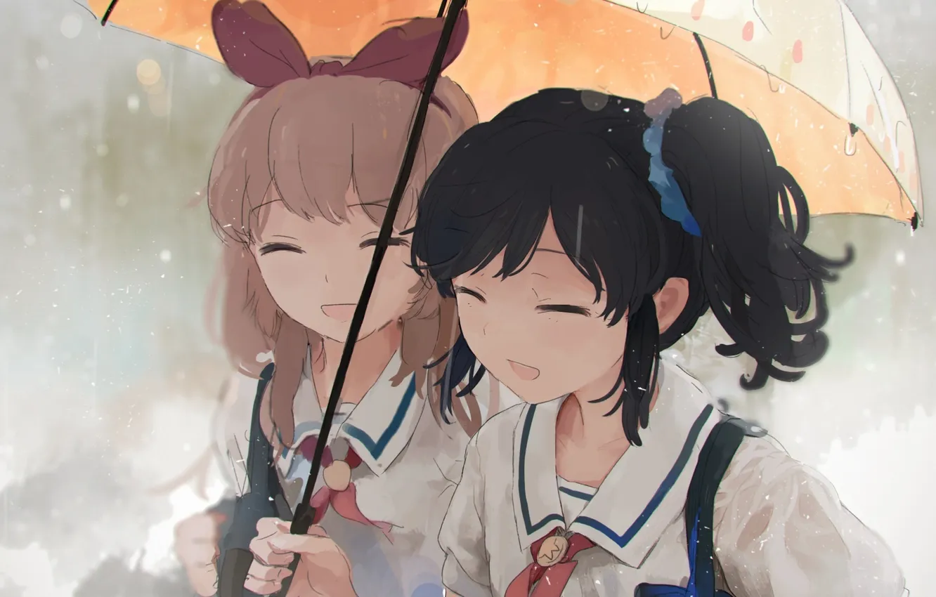 Фото обои девушки, дождь, смех, зонт, арт, форма, школьницы, imago