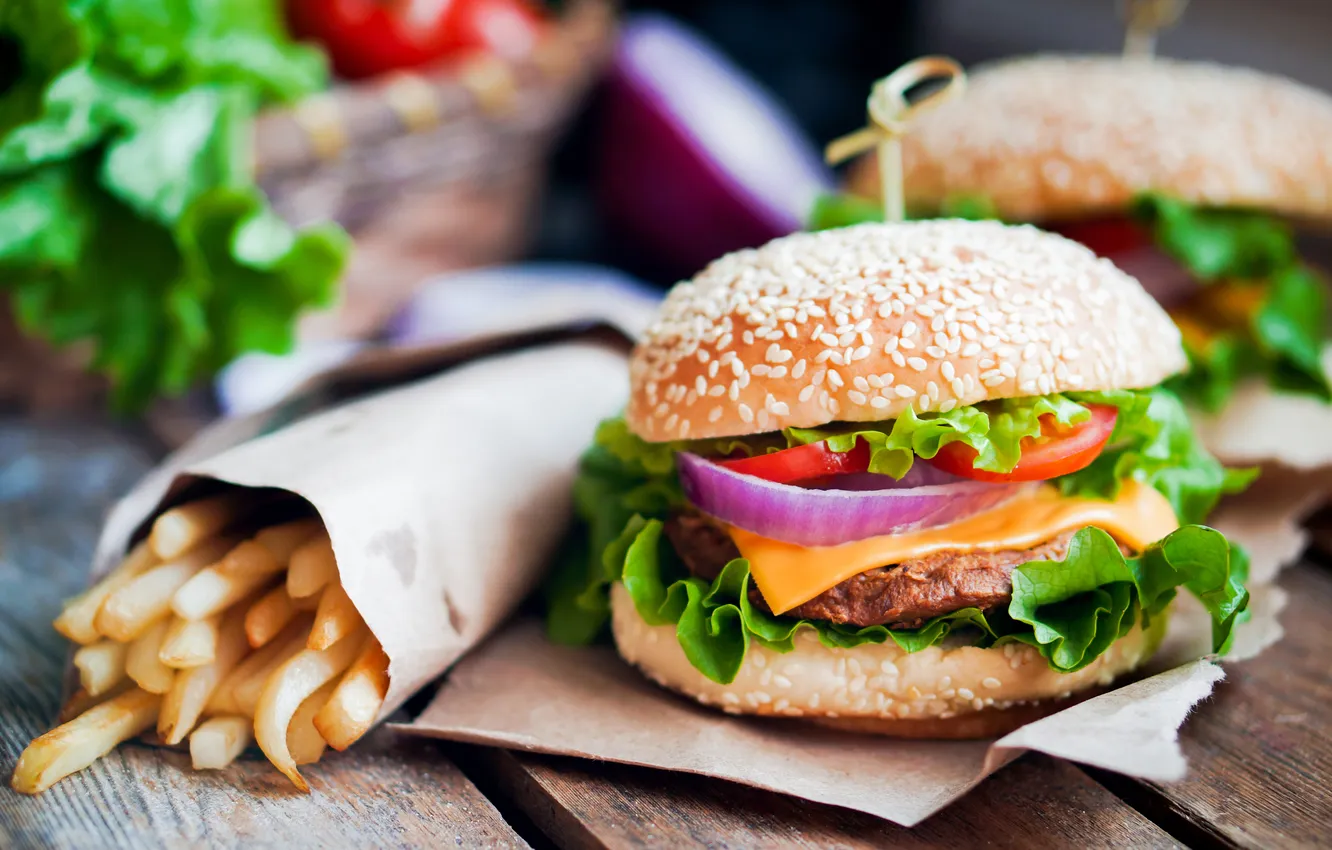 Фото обои зелень, гамбургер, картофель фри, hamburger, fresh herbs, French fries