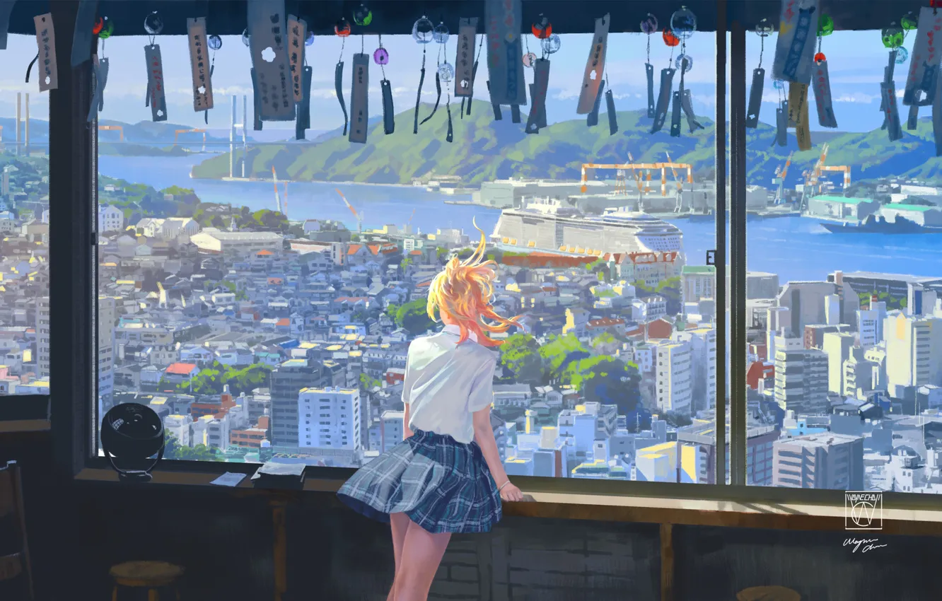 Фото обои city, blonde, balcony