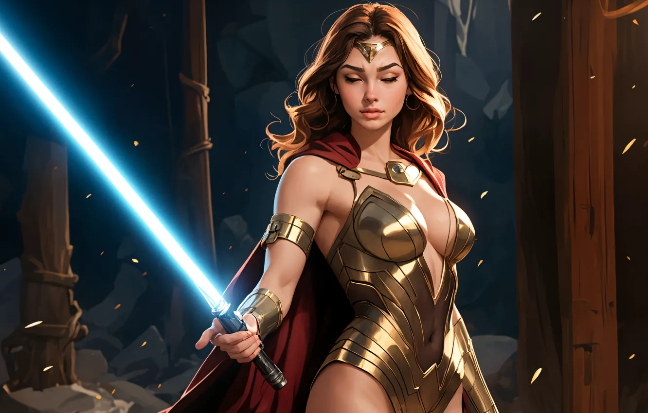 Фото обои Jedi, blonde, DC Comics, video games, Gal Gadot, jedi knight, AI art, star wars jedi …