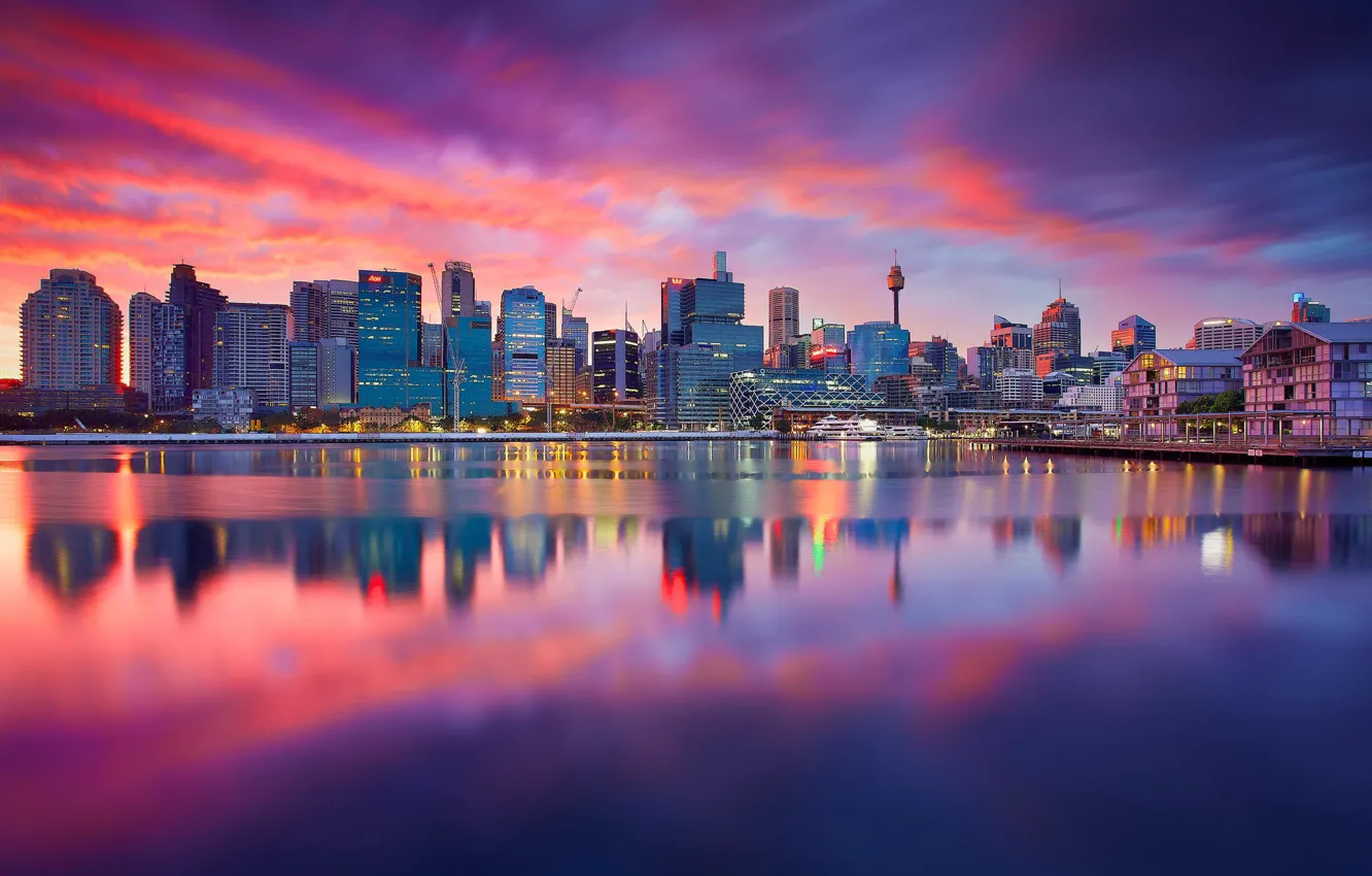 Фото обои город, река, рассвет, здания, дома, Sydney