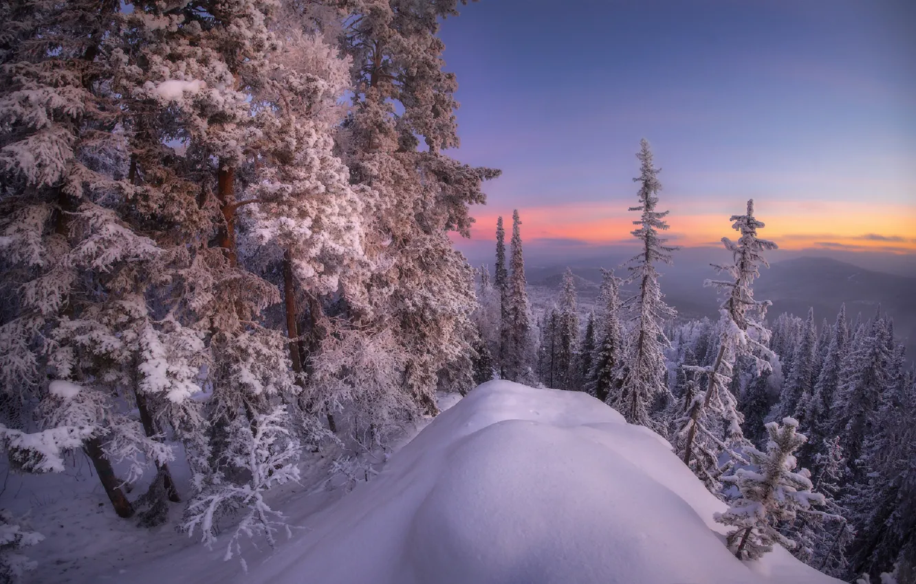Фото обои лес, снег, горы, Южный Урал