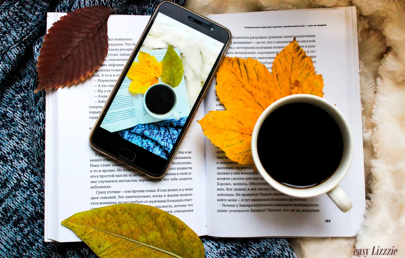 Фото обои осень, листья, кофе, книга, телефон, плед, свитер, book