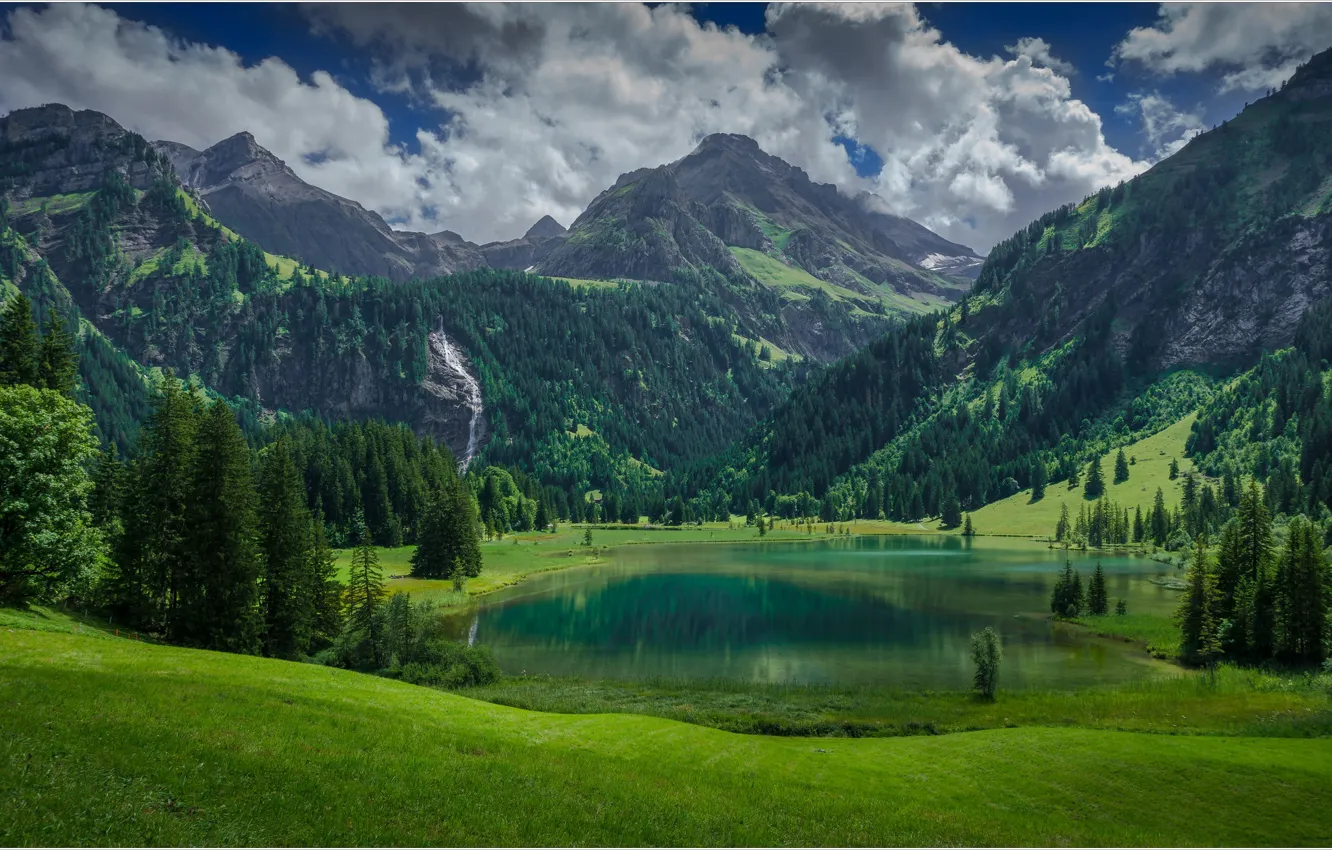 Фото обои горы, озеро, Швейцария, Лауэнен