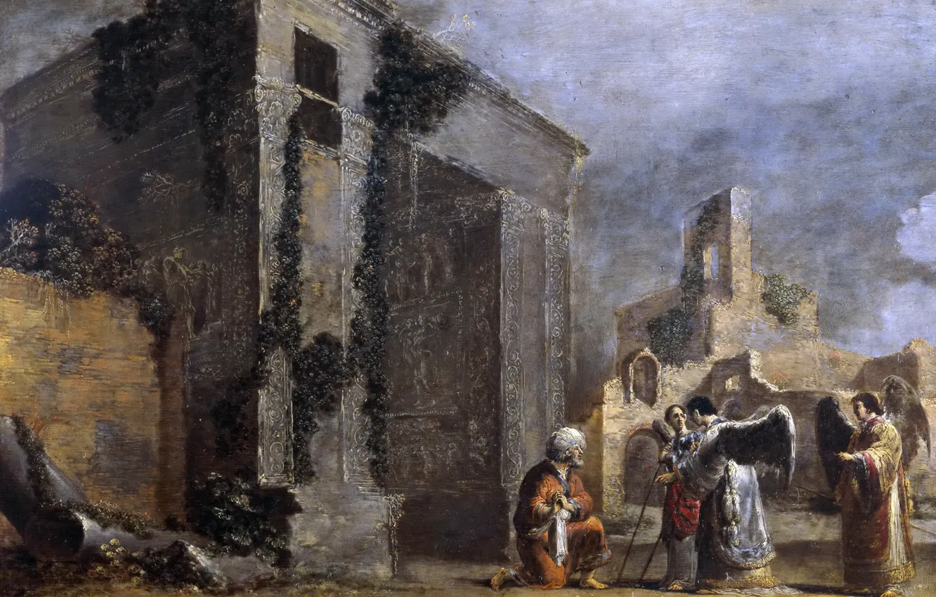 Фото обои картина, религия, мифология, Leonaert Bramer, Авраам и Три Ангела