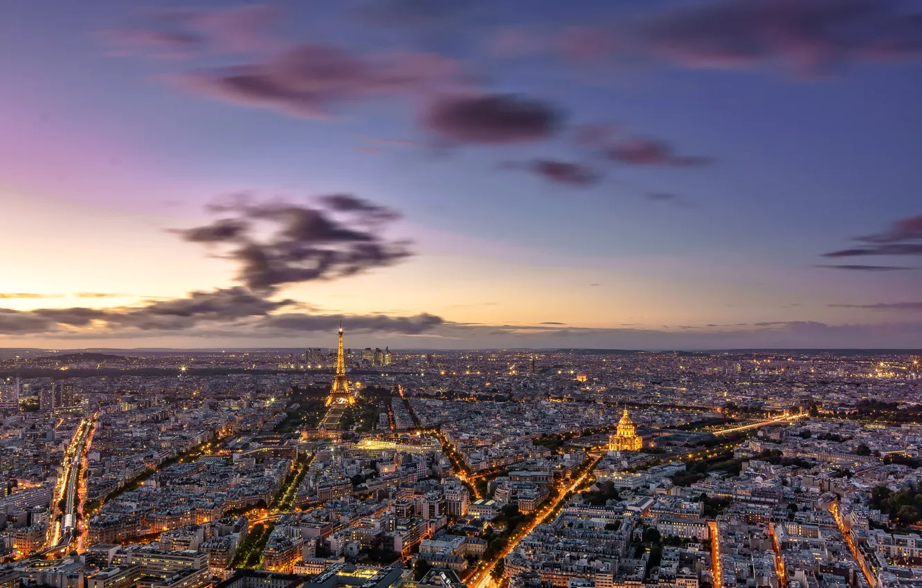 Фото обои огни, Франция, Париж, башня, вечер, панорама
