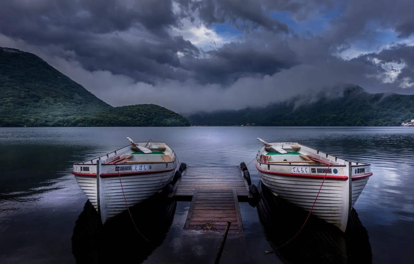 Фото обои Japan, boats, Twins, Gunma, after the rain, after the storm, romantic place, Haruna Lake