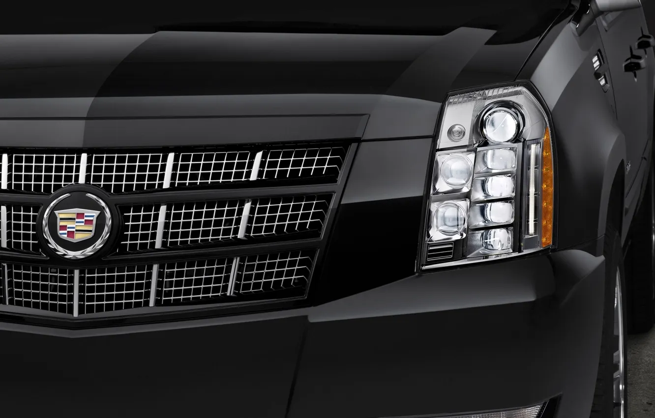 Фото обои чёрный, Cadillac, фара, джип, внедорожник, эмблема, Escalade, передок