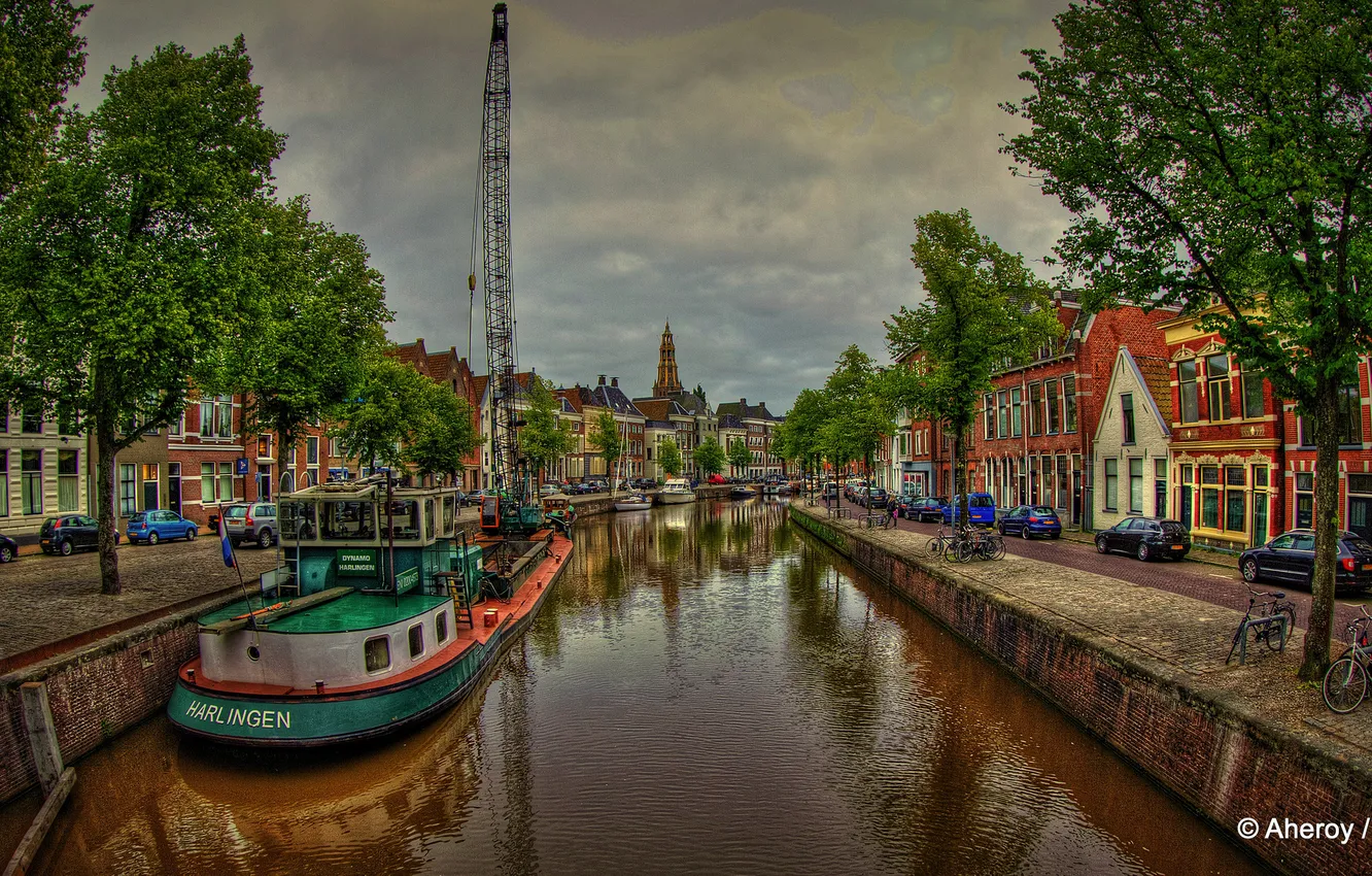 Фото обои машины, река, HDR, кран, Нидерланды, набережная, Netherlands, баржа