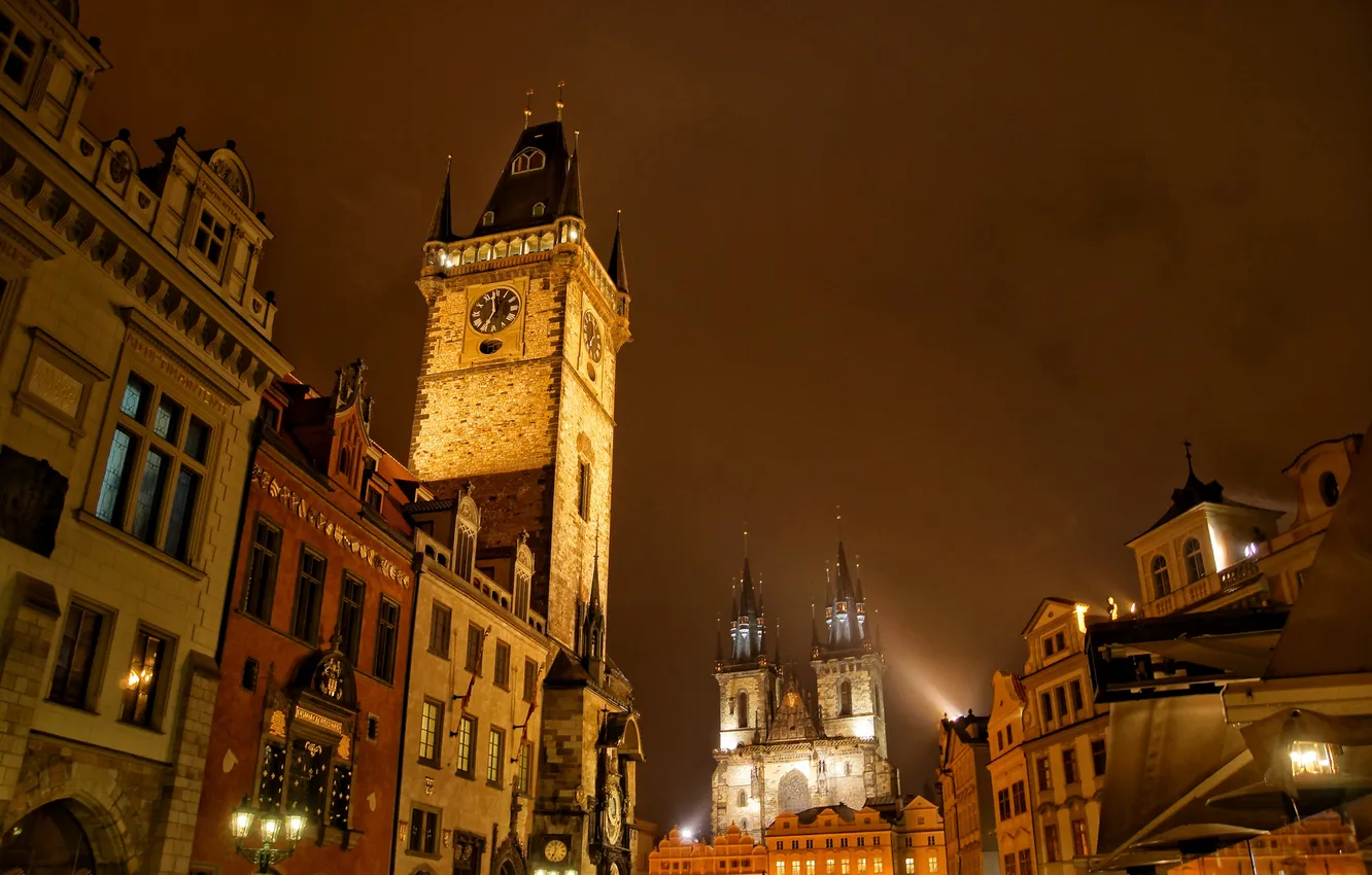Фото обои небо, ночь, огни, часы, башня, Прага, Чехия